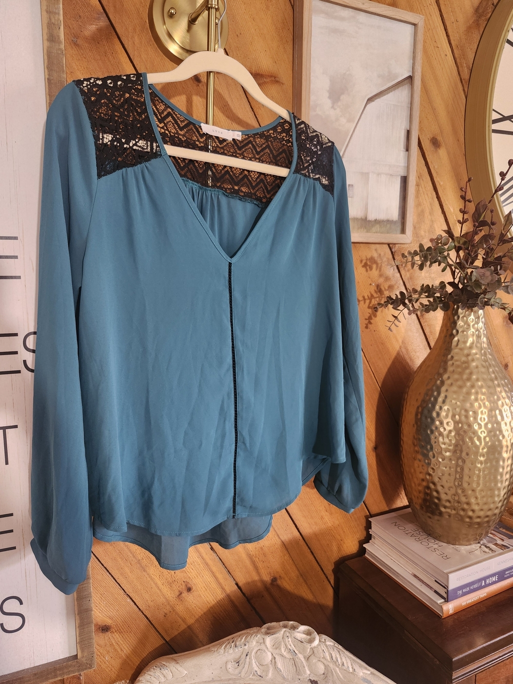 Lush Teal V-Neck Blouse with Black Lace Yoke